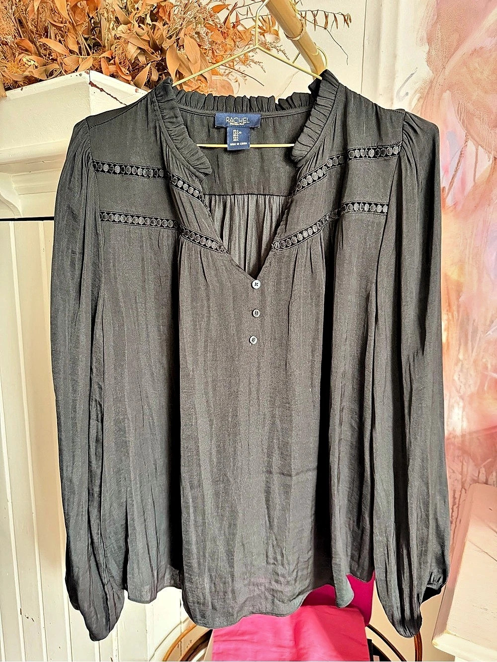 Rachel Roy Pleated Blouse in Black Size Large